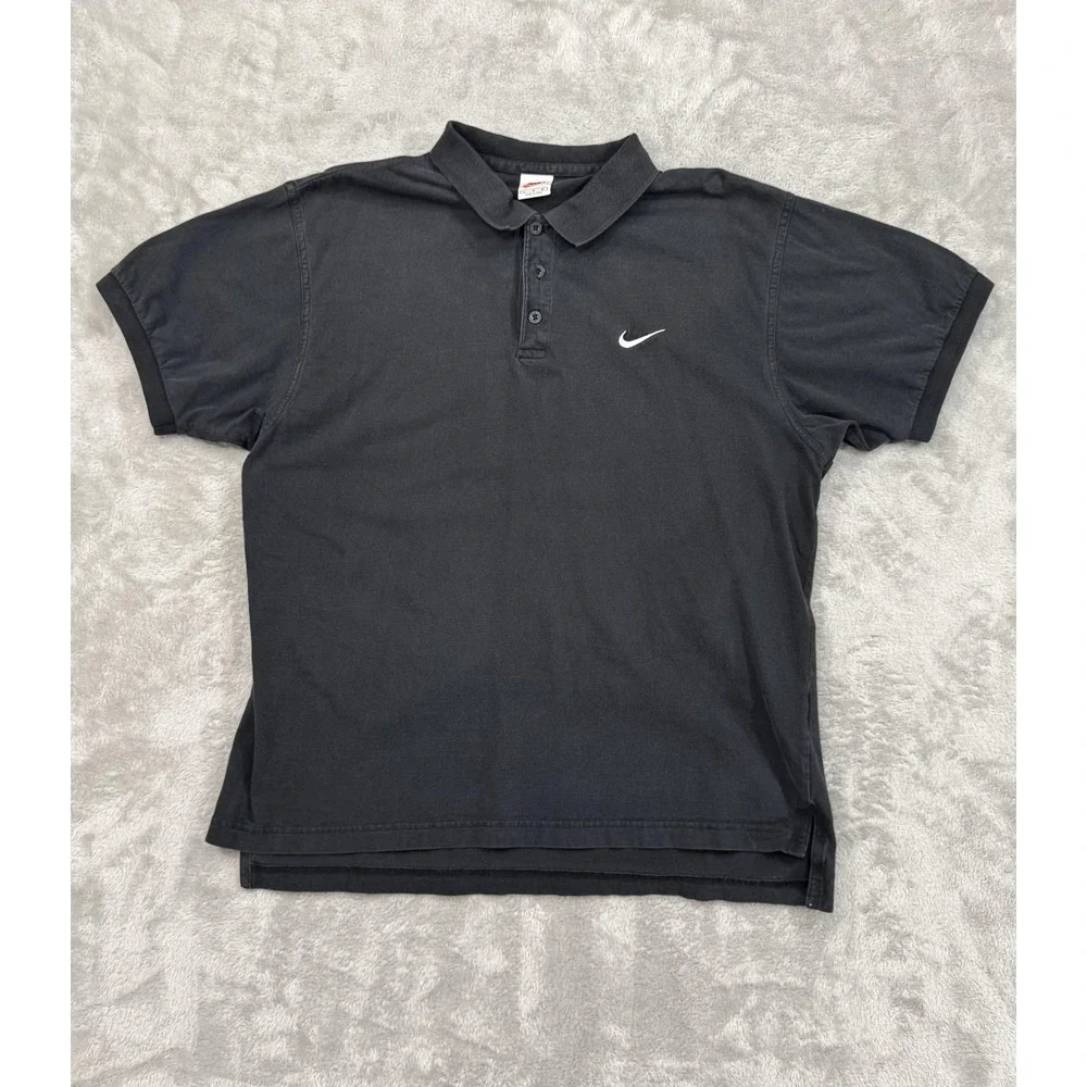 Vintage Nike‎ Polo Shirt Mens Large Black 100% Cotton Swoosh Logo Casual 90s